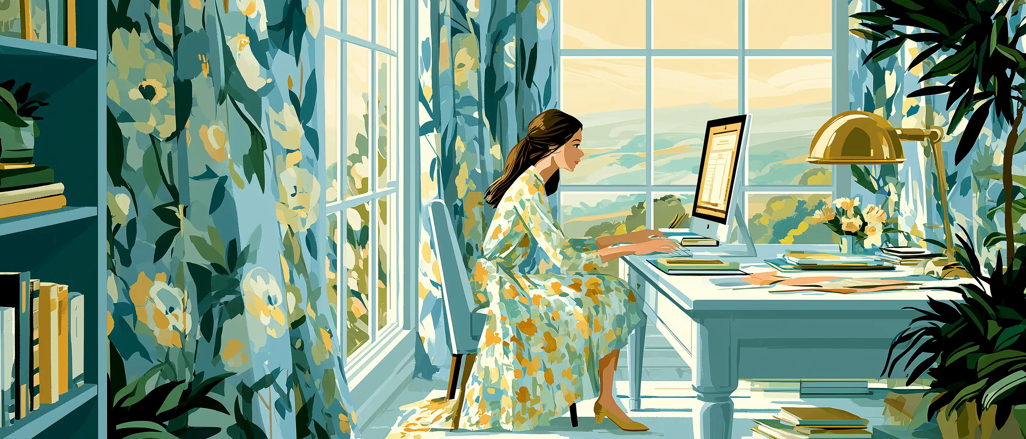 A woman writing at a desk by a window