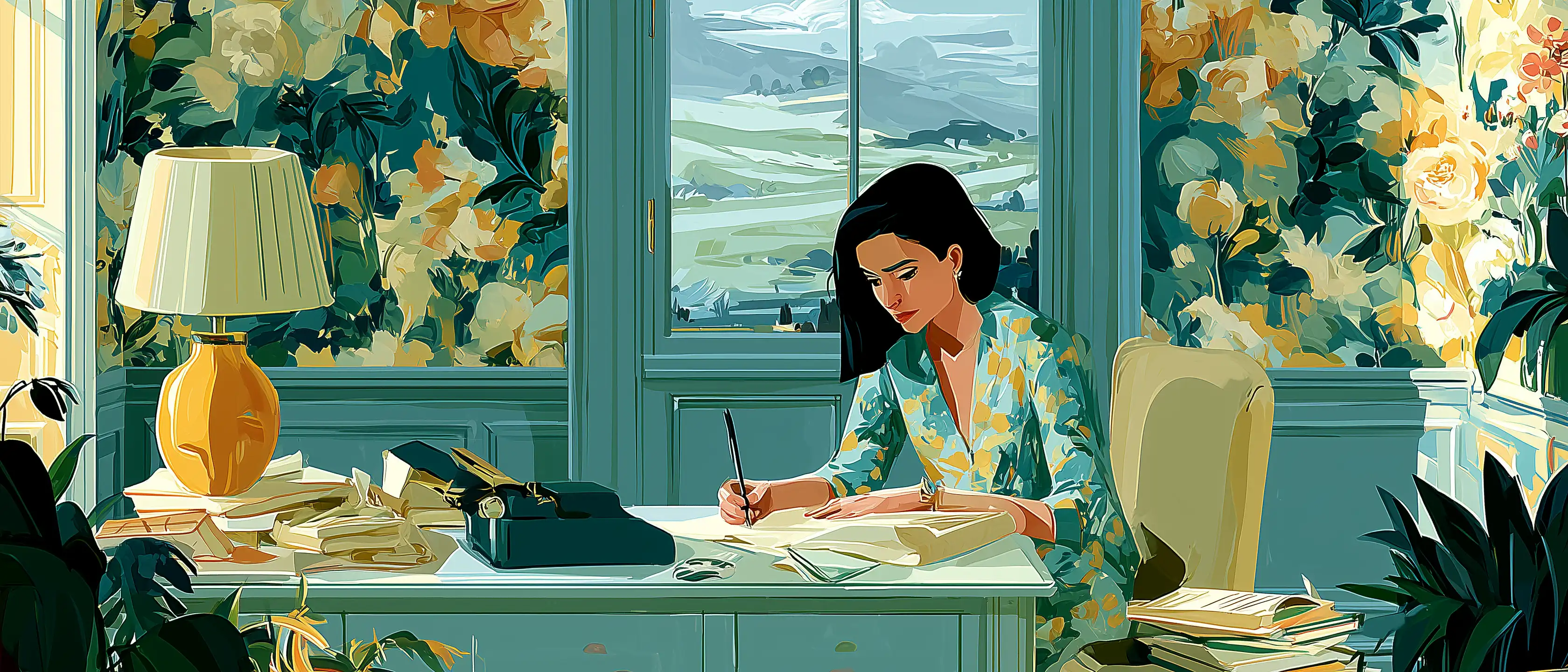Illustration of a person reflecting at a desk, surrounded by plants, in front of a window overlooking a landscape